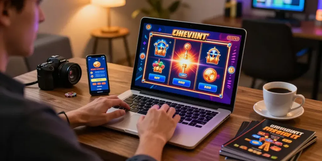 Une expérience de casino en ligne sur https://studiobarw.com/ avec un joueur profitant de jeux de machines à sous dans un bureau moderne.