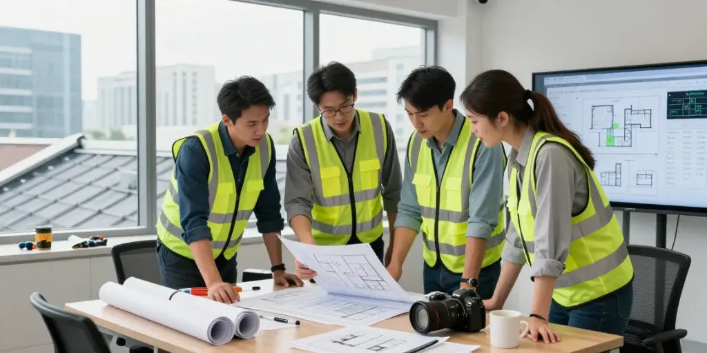 Collaboration d'une équipe Atlas pro dans un bureau moderne sur des plans de toiture.