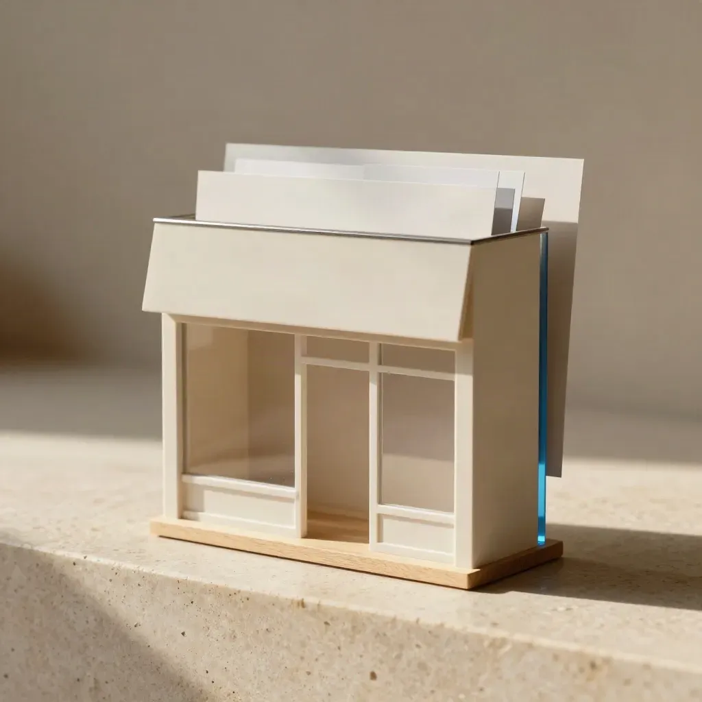 Maquette de site vitrine en acrylique, façade miniature et cartes superposées, lumière chaude.