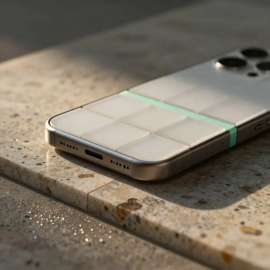 Modules UX/UI blancs et téléphone face contre une surface minérale, lumière menthe.