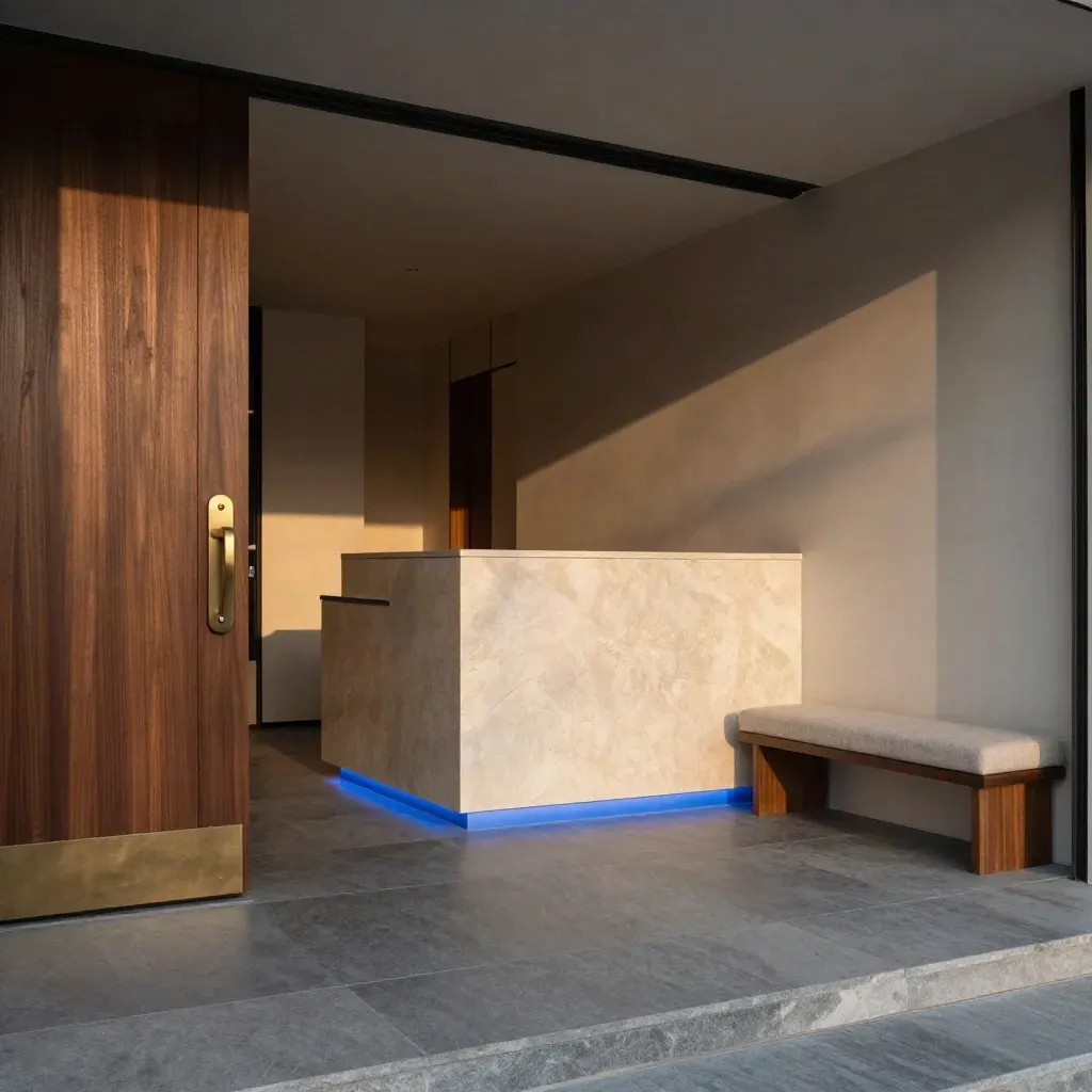 Entrée professionnelle raffinée avec bois sombre, pierre claire, banc discret et halo bleu électrique.