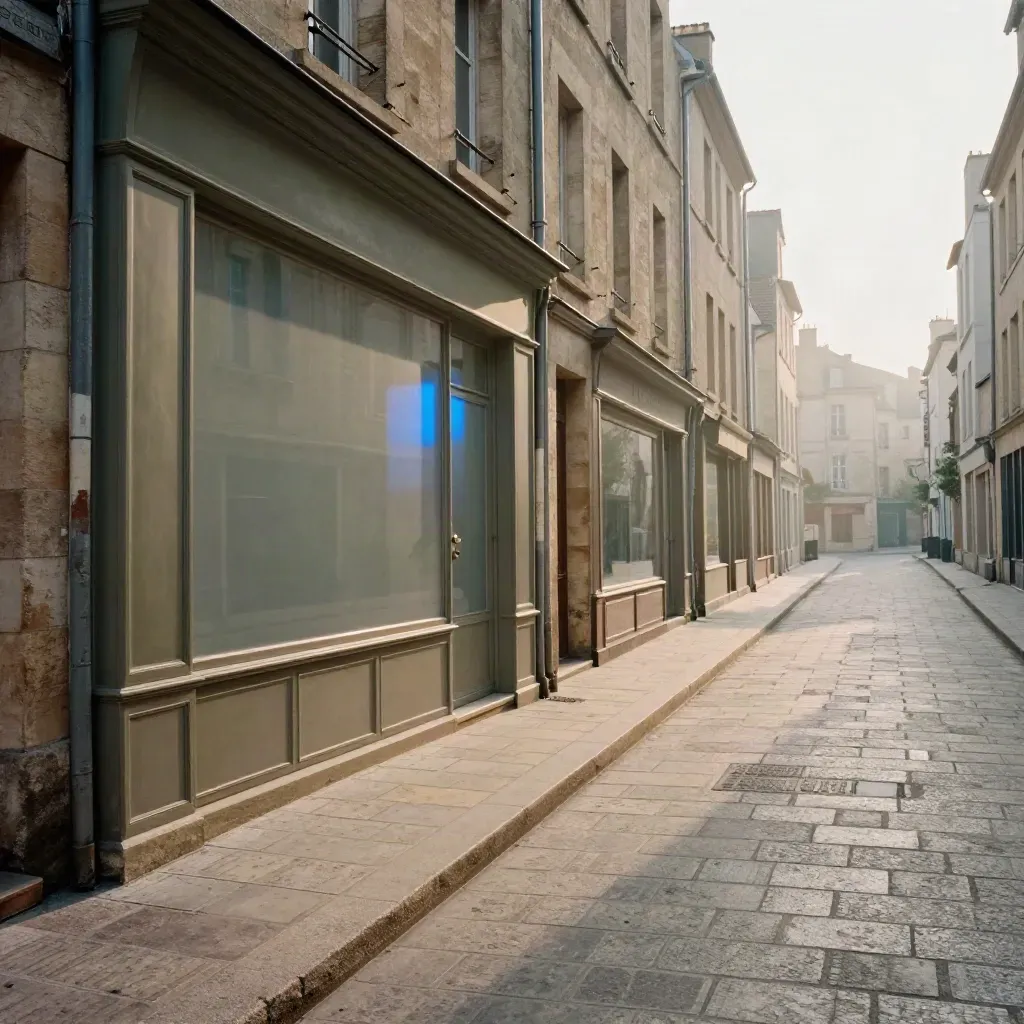 Rue de pierre à l’aube avec devanture neutre et lumière urbaine bleutée.
