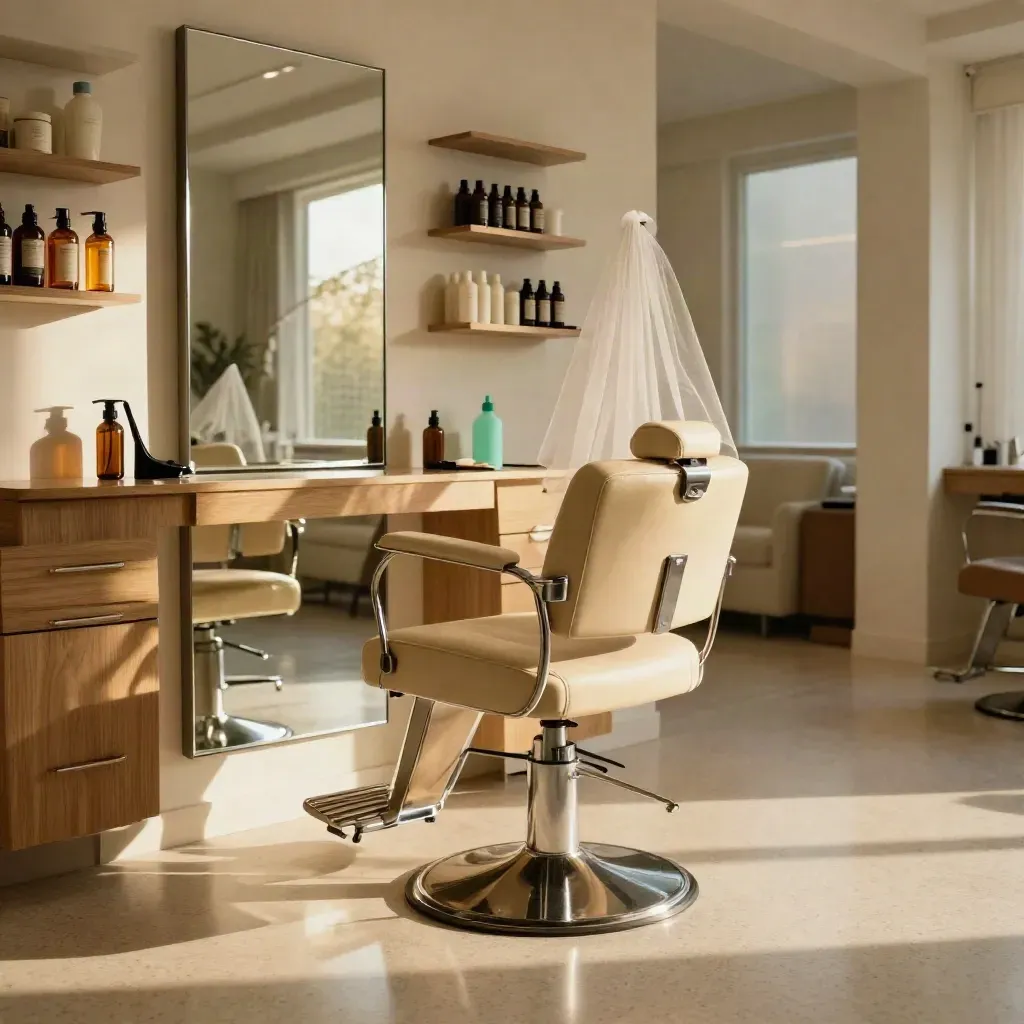 Salon de coiffure prêt, fauteuil chromé, miroir clair et sol impeccable sous lumière dorée.