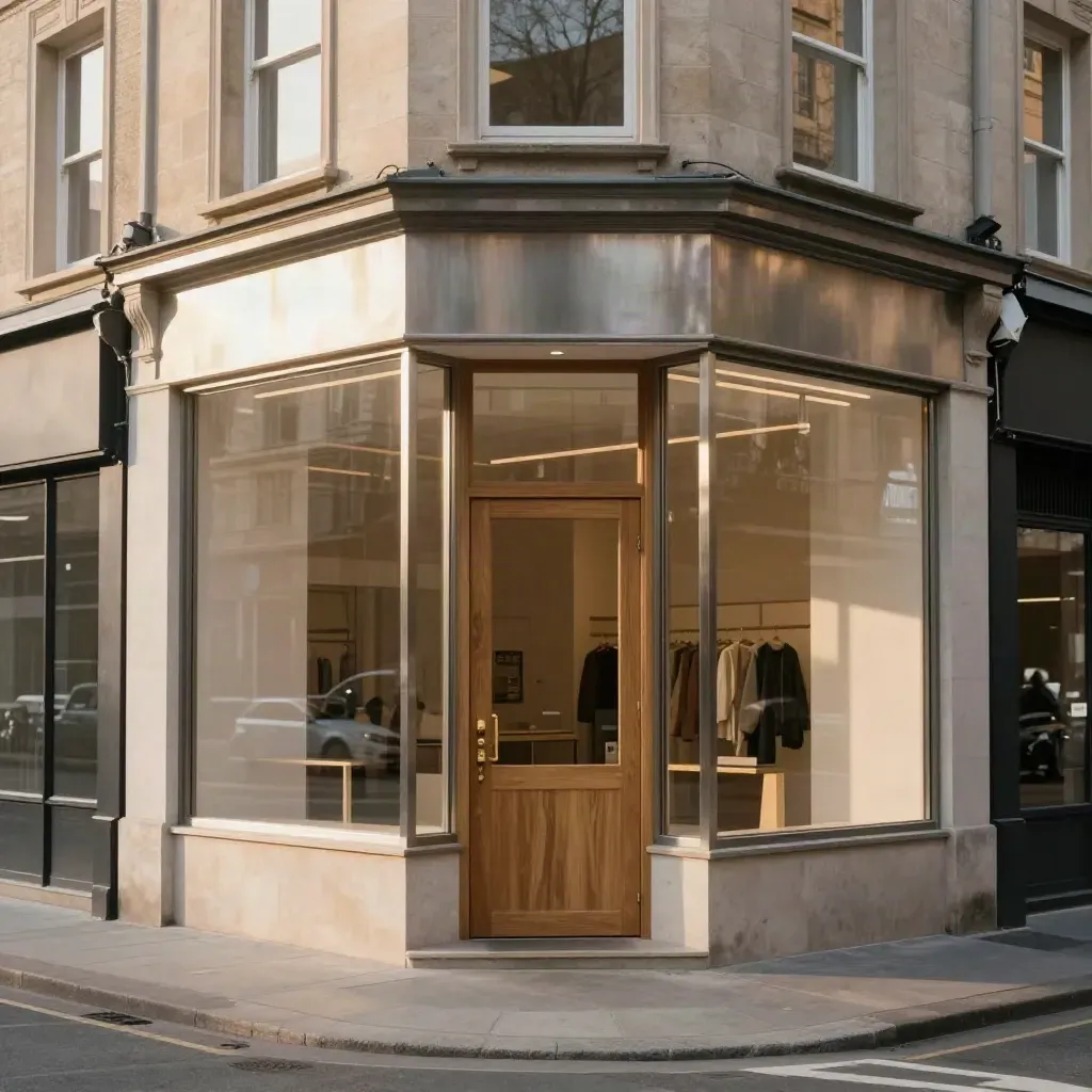 Façade de Studio Hêtre mise en valeur par la lumière du matin, ambiance urbaine élégante.