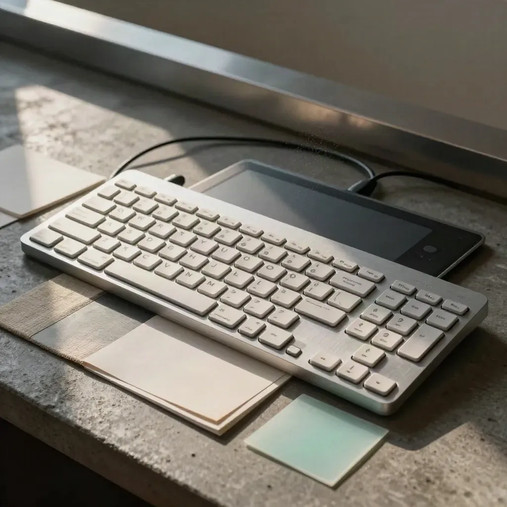 Clavier en aluminium, tablette graphique et échantillons de matières sur béton sombre, lumière dramatique.