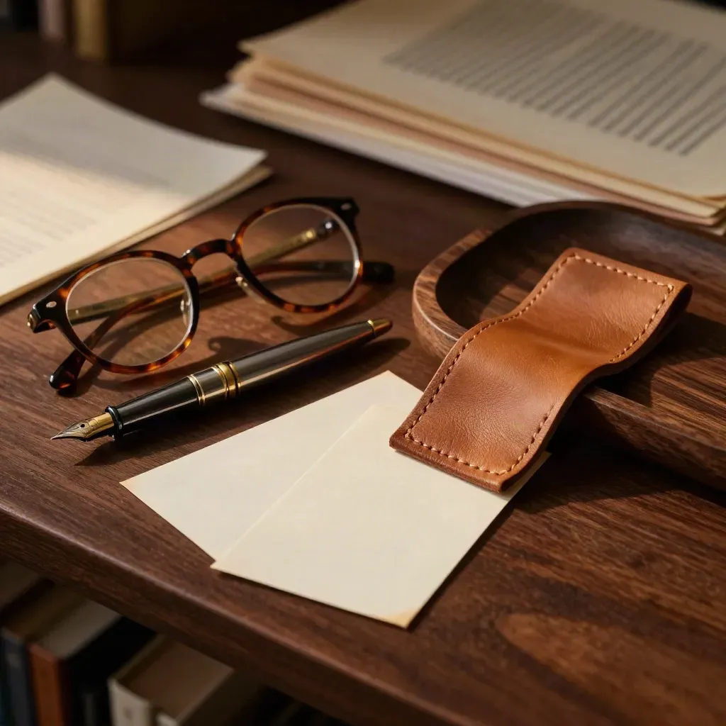 Stylo plume, lunettes rondes et cartes crème sur un plateau de bois sombre