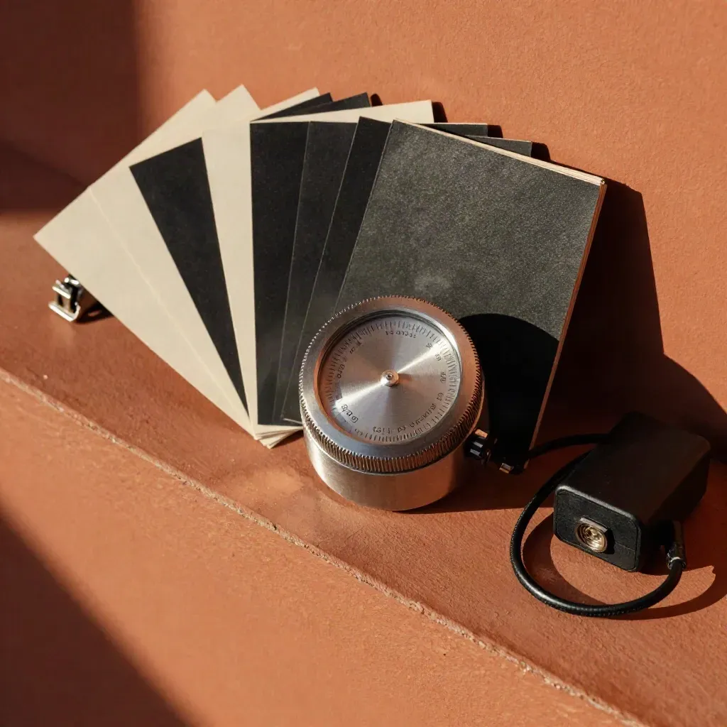 Minuteur métal, cartes de planning vierges et chargeur de secours sur ledge terracotta.