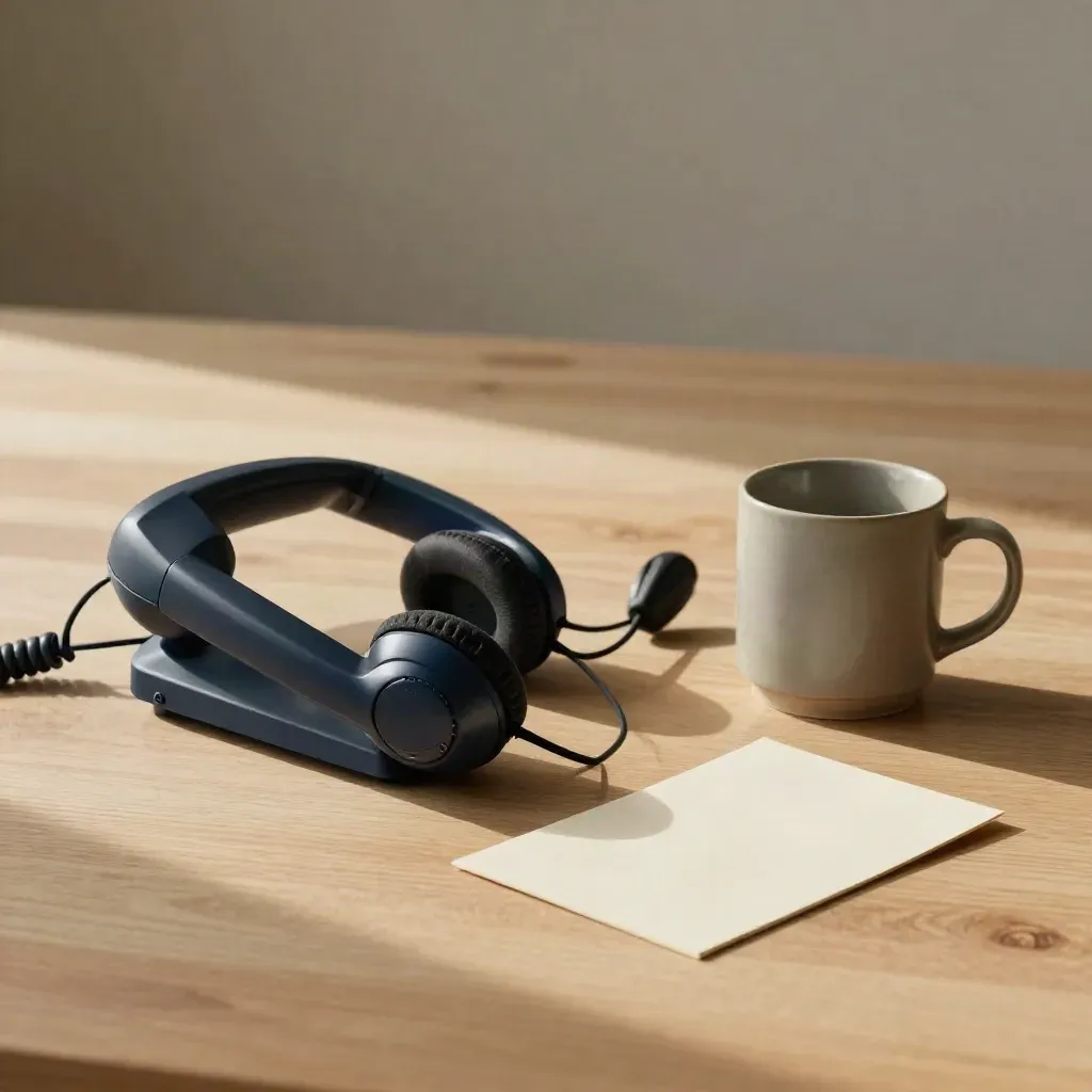 Combiné téléphonique, casque et tasse en grès sur bois clair, ambiance calme et premium.