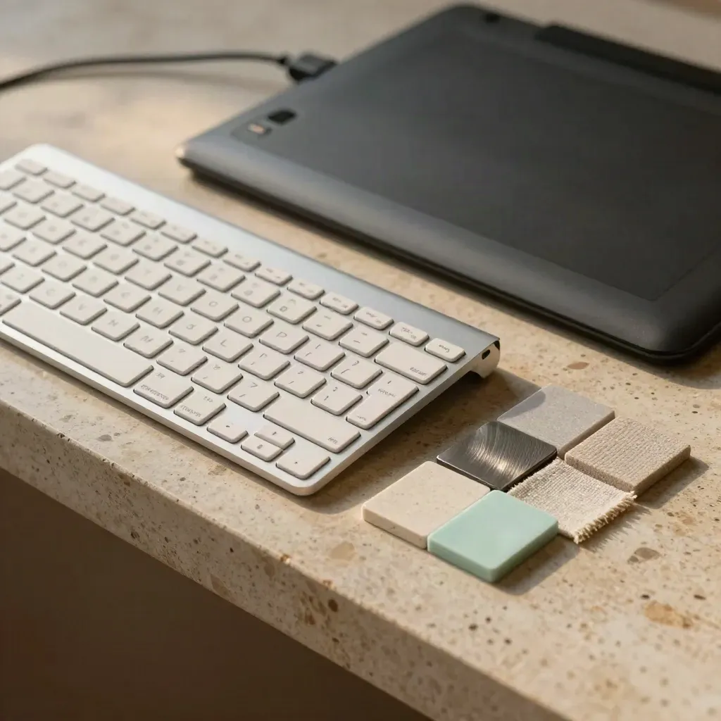 Clavier alu, tablette graphique éteinte, câble tressé et échantillons de matières sur pierre claire.
