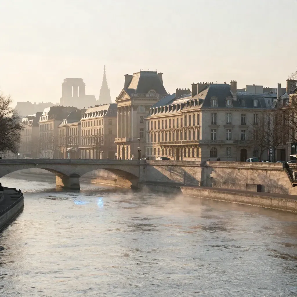 Vue brumeuse de Paris et de la Seine à l’aube, skyline haute et eau calme pour l’espace titre.