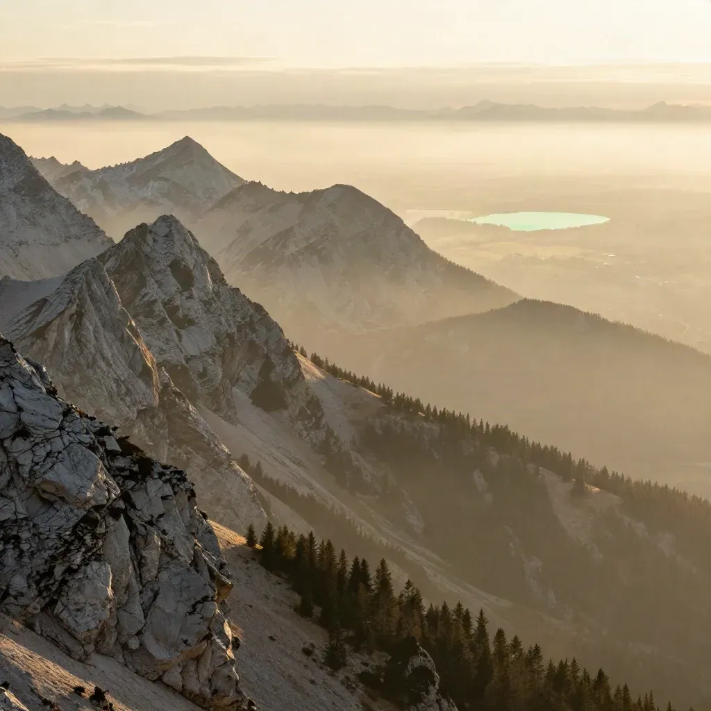Massifs alpins au lever du soleil, vallée dans la brume et ville lointaine sous une lumière dorée.