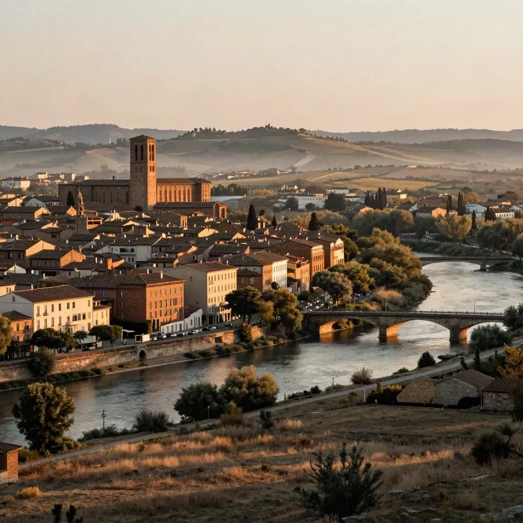 Vue panoramique de l’Occitanie au soleil doré, toits de brique, rivière et brume légère.