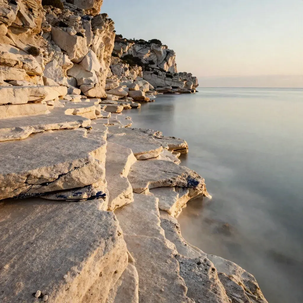 Gros plan des calanques provençales, pierre claire, mer bleutée et brume dorée.