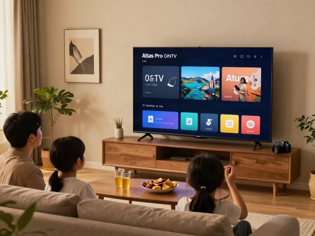 Profitez des avantages d'atlas pro iptv dans un salon moderne avec une famille regardant la télévision.